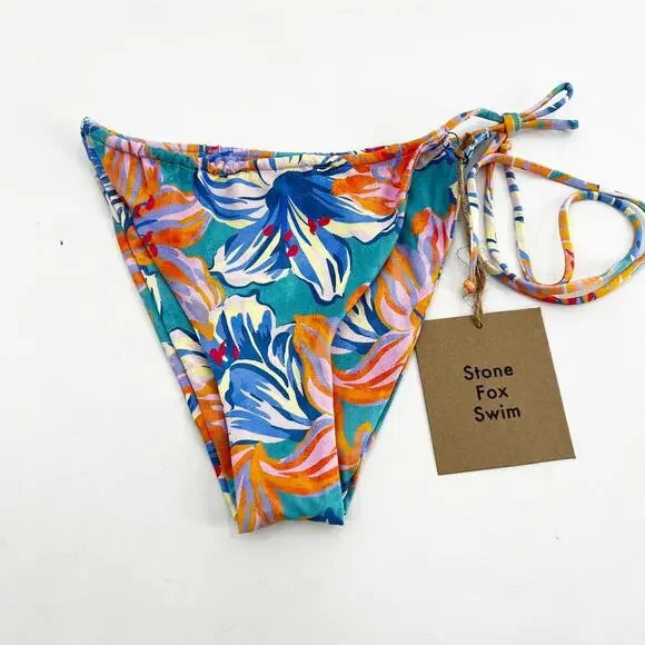 NWT Revolve x Stone Fox Swim Blue Floral River Tie Side Bikini Bottom Swim L - Picture 2 of 4